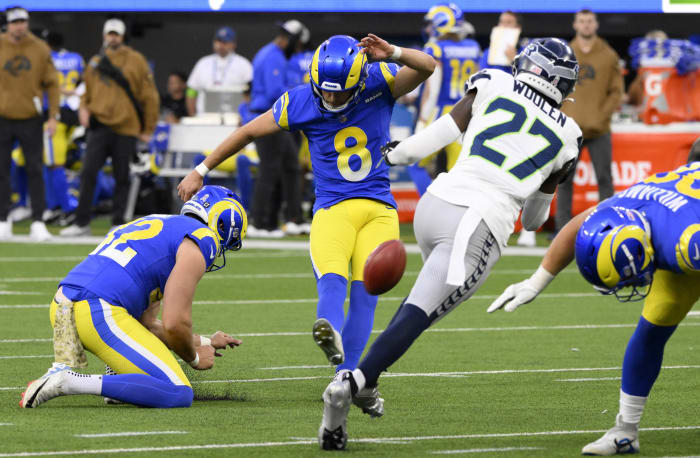 Los Angeles Rams kicker Lucas Havrisik attempts a field goal against the Seattle Seahawks.